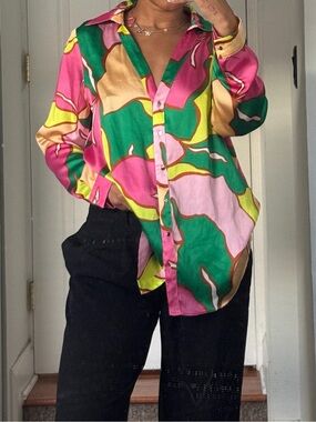 Zara Multicolor Abstract Print Silk Blouse - Pink, Green, Yellow, Gold